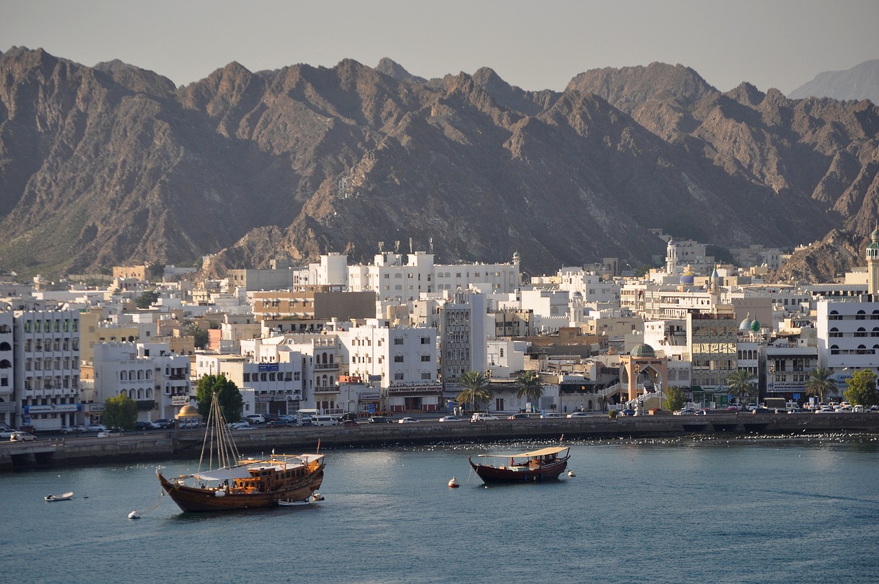 Port of Muscat with white houses in front of dark mountain range on blue sea, 2 ships are in the port